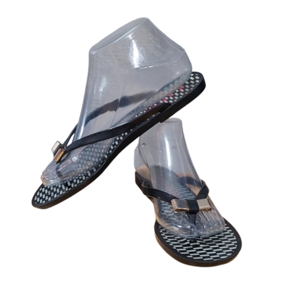 Coach Landon Jelly Sandals Black White Check Gold Bow